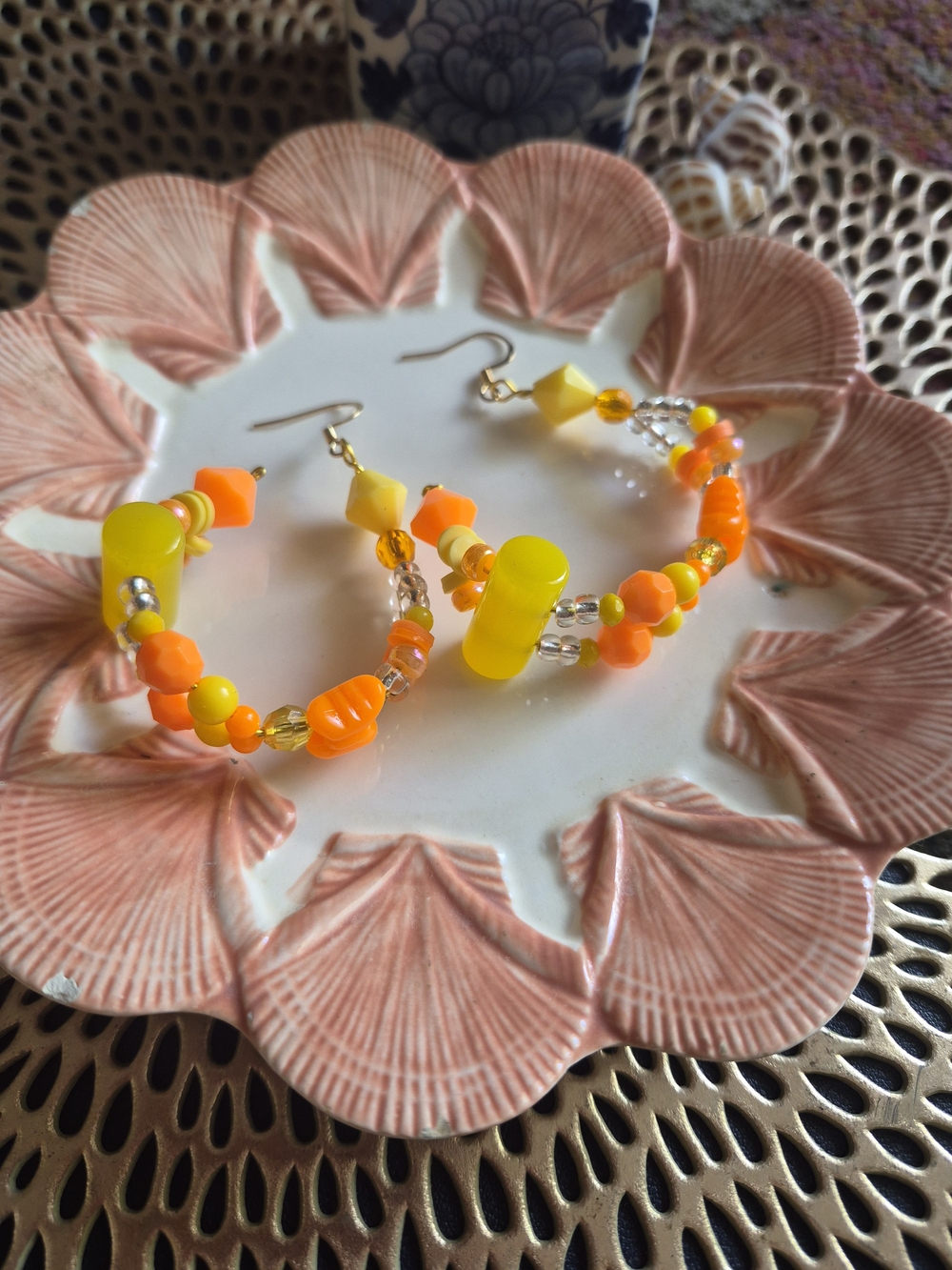 Handmade Yellow & Orange Beaded Hoop Earrings